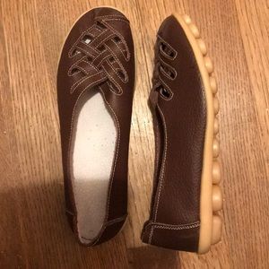 Cowhide leather brown flat loafer shoes